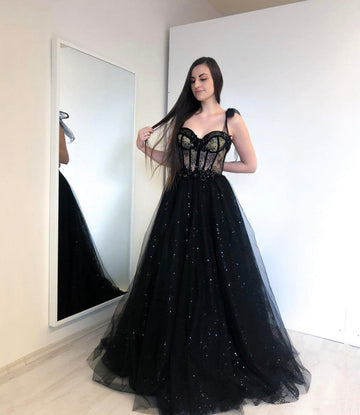 Black tulle long A line prom dress evening dress HZ1023